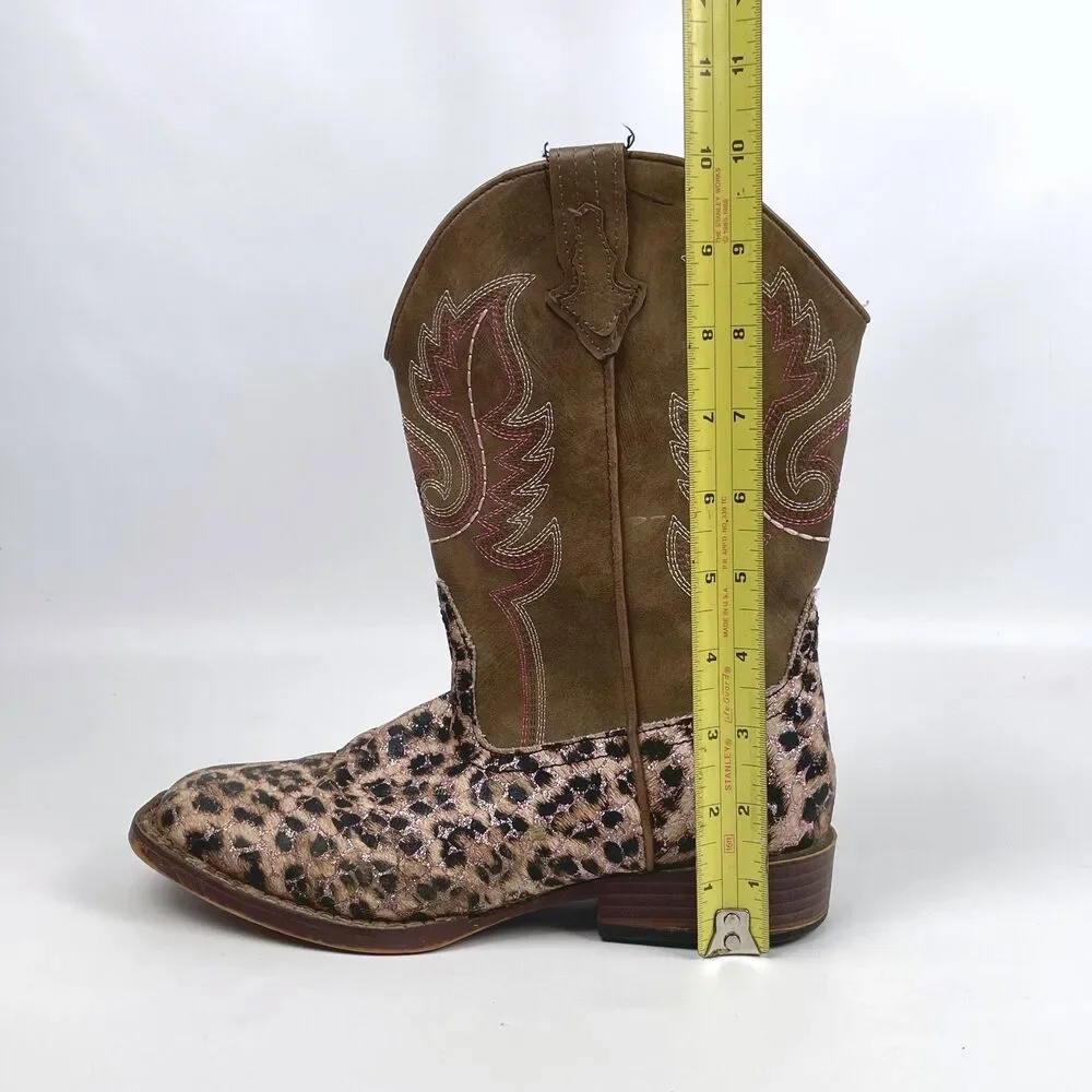 ROPER Little Kids Girls Size 3 Glitter Leopard Square Toe Western Cowboy Boots